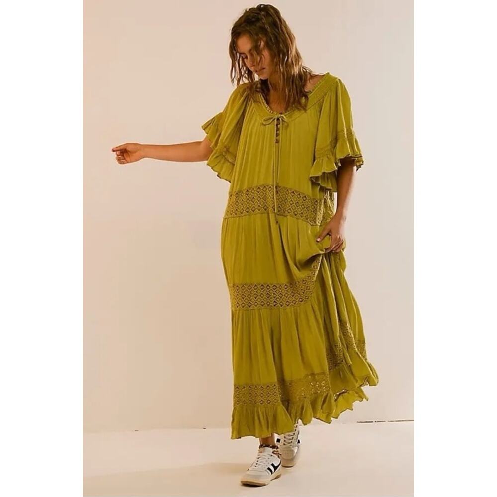 Free People Bohemian Witchy Dream On Maxi Dress Green XS NEW Crochet Gauze - Picture 12 of 13
